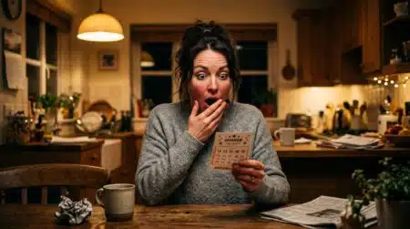 Femme stupéfaite en tenant son ticket de Loto