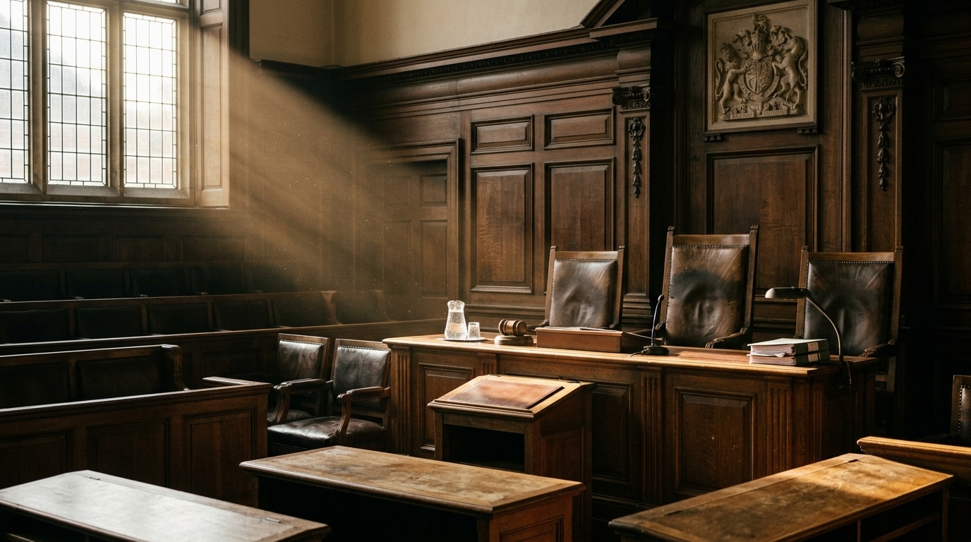 Banc de tribunal vide baigné de lumière ancienne