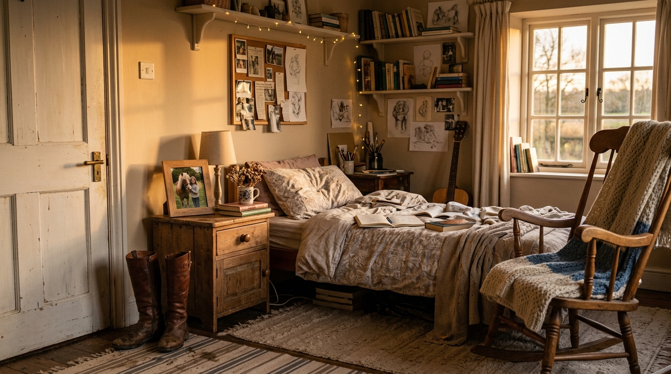 Bottes d'équitation et photo de poney dans une chambre