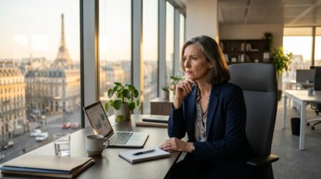 Salariée pensive à son bureau en entreprise