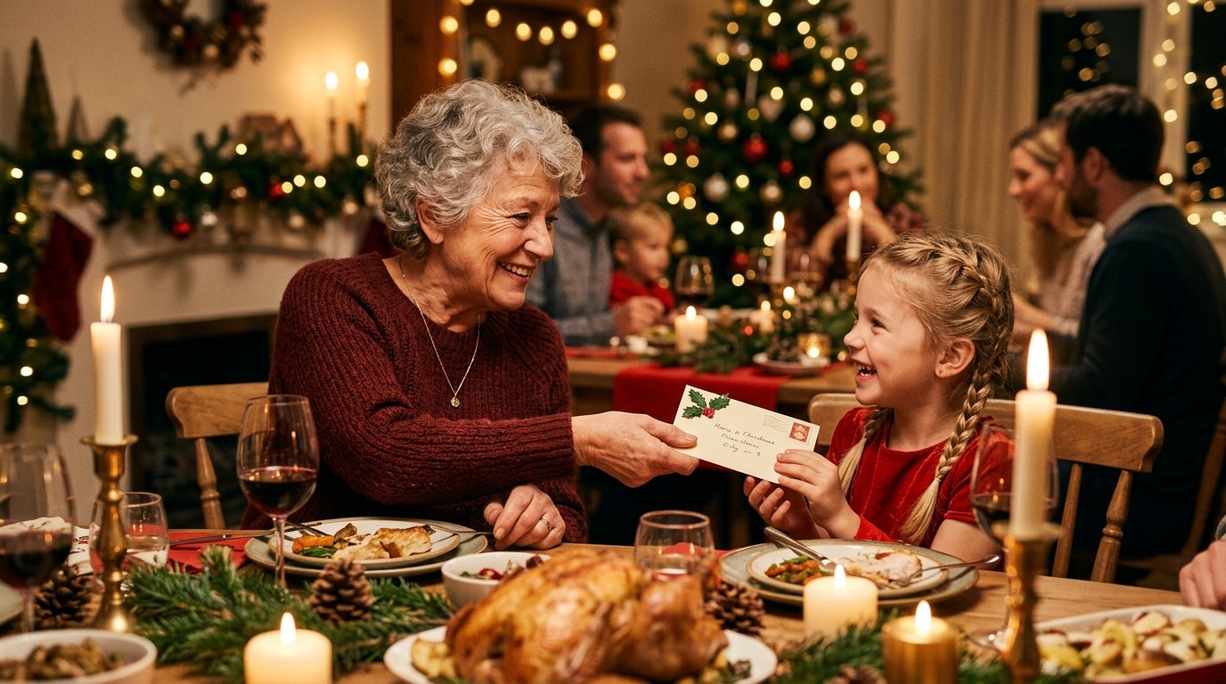 Grand-mère offrant une enveloppe à Noël en famille