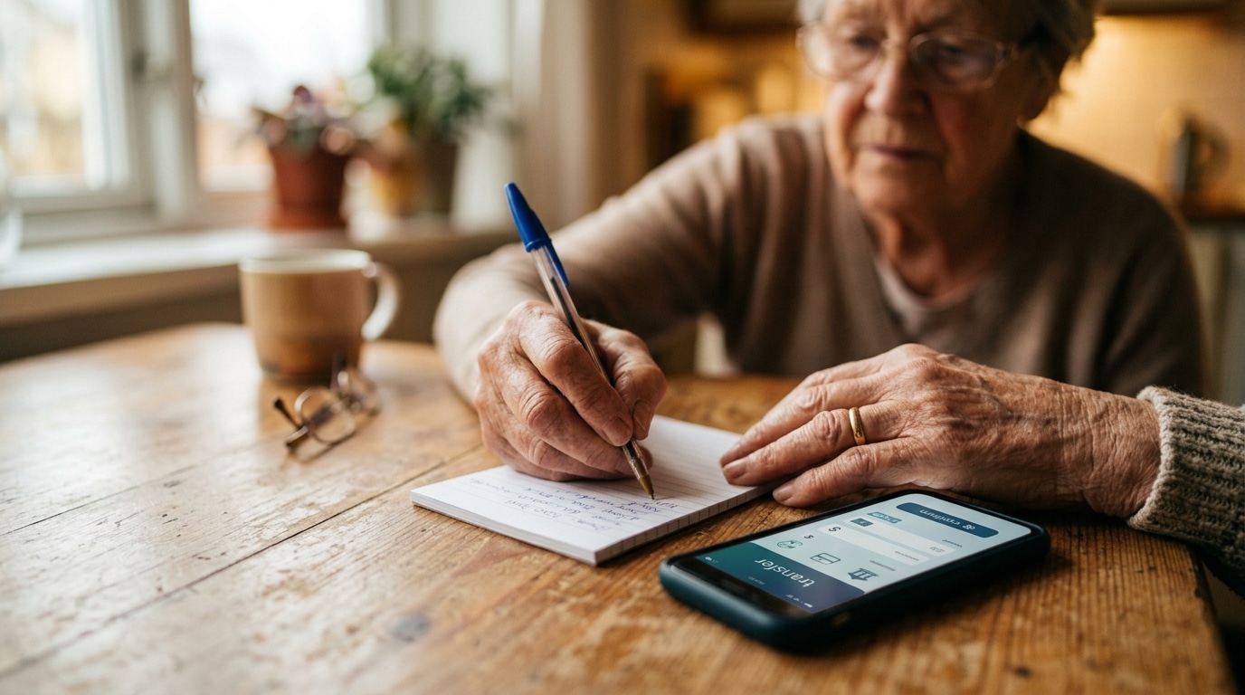 Main écrivant un libellé sur un virement bancaire