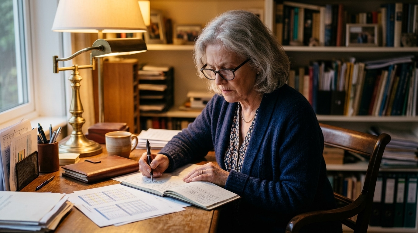 Femme senior consultant ses documents financiers à la maison