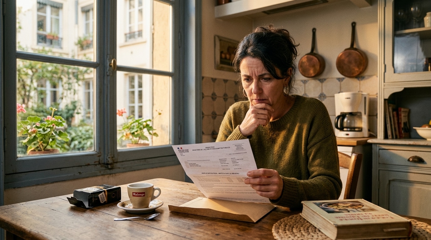 Femme inquiète face à un courrier du fisc