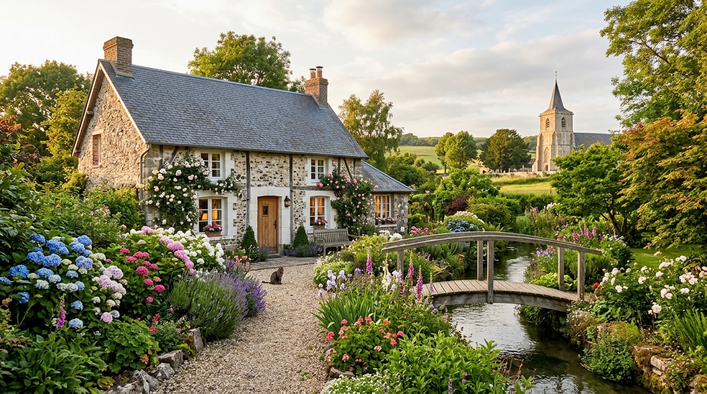 Cottage en pierre normand avec pont sur ruisseau fleuri