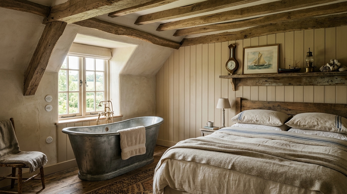 Chambre suite avec baignoire zinc et poutres apparentes