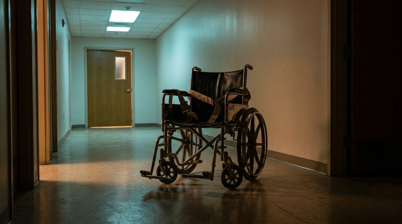 Couloir d'hôpital sombre avec fauteuil roulant vide et sangles