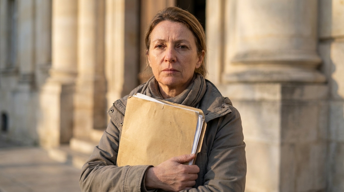 Femme déterminée tenant un dossier devant un tribunal