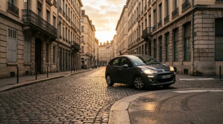 Voiture qui dérape près d'un trottoir à l'aube