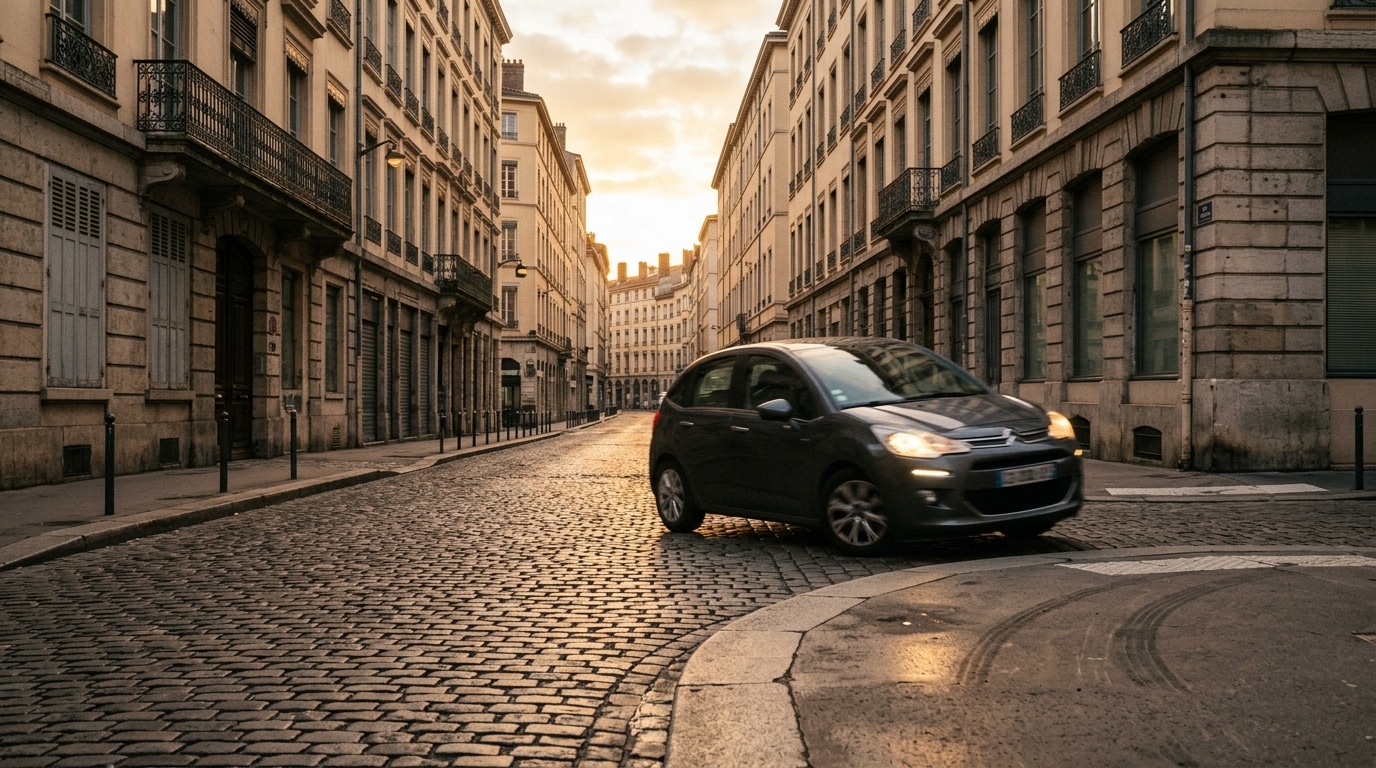 Voiture qui dérape près d'un trottoir à l'aube