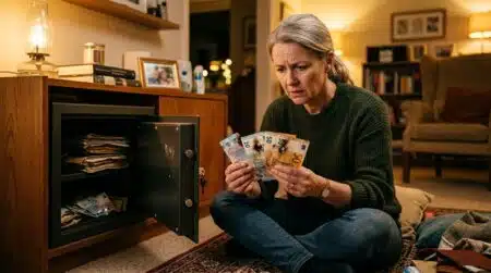 Femme découvrant ses billets rongés dans un coffre-fort
