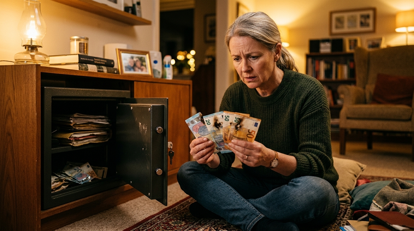 Femme découvrant ses billets rongés dans un coffre-fort