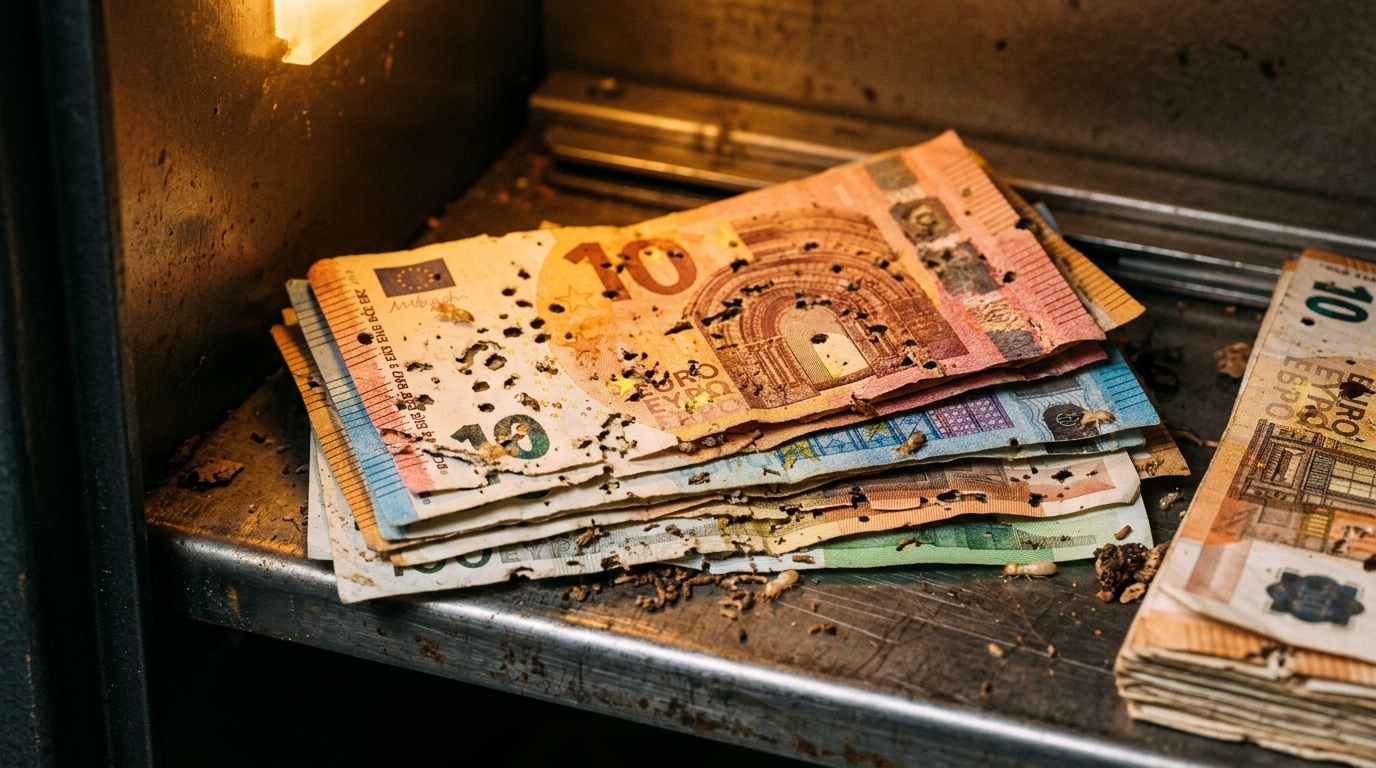 Billets de banque troués par des termites dans un coffre