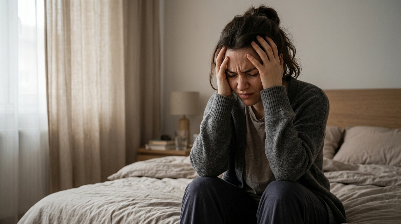 Jeune femme allongée se tenant la tête de douleur