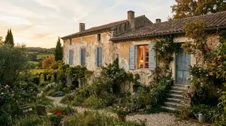 Maison familiale ancienne avec volets fermés et fenêtre éclairée
