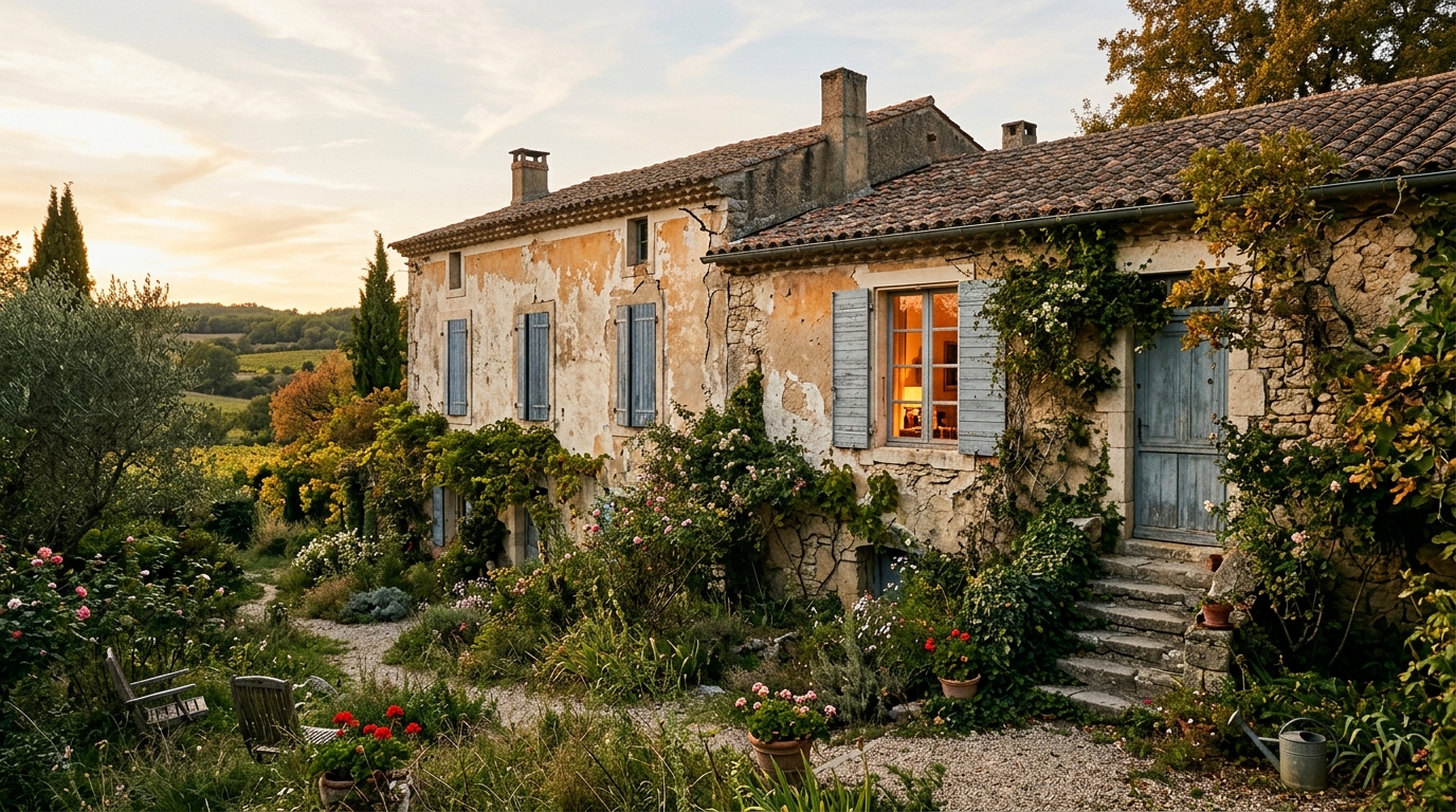 Maison familiale ancienne avec volets fermés et fenêtre éclairée
