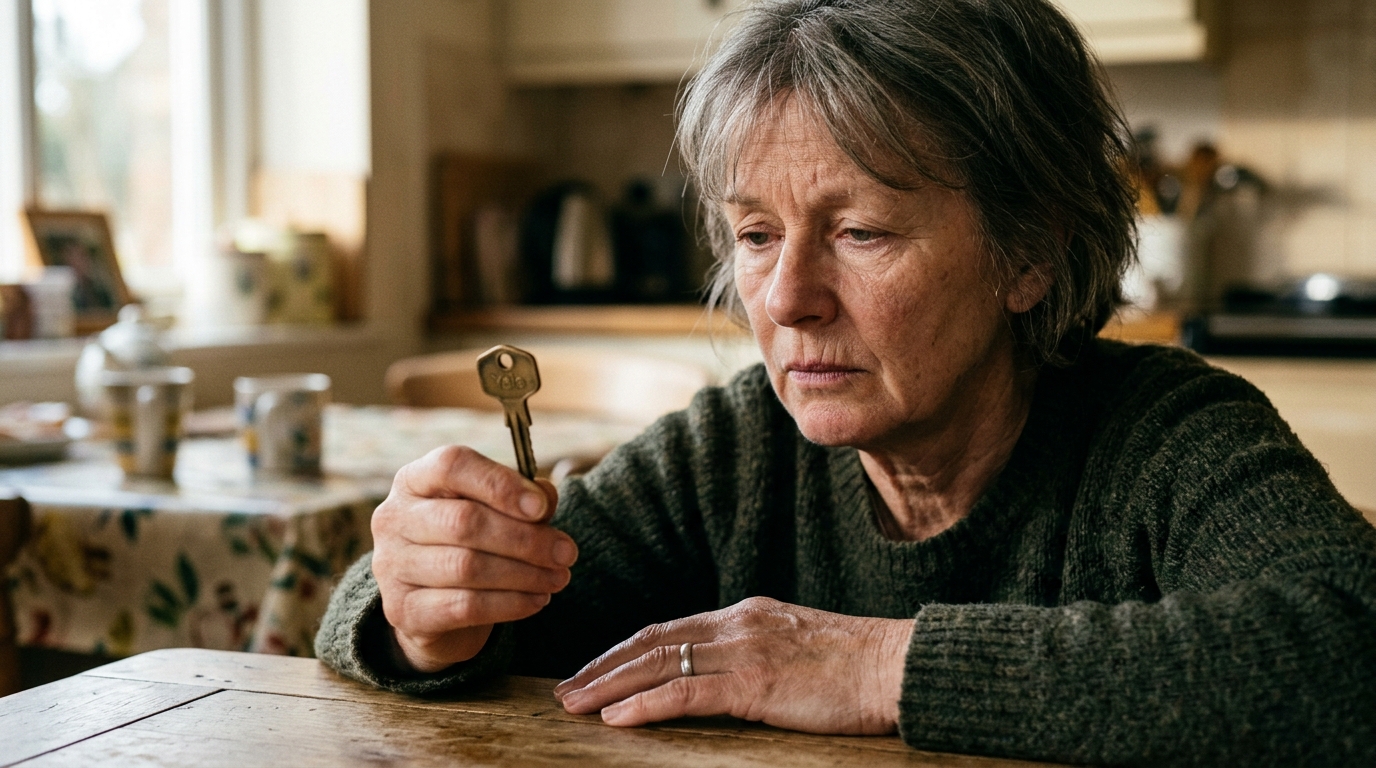 Femme tenant une vieille clé de maison, air las