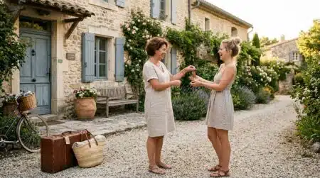 Femme donnant les clés de sa maison à un proche