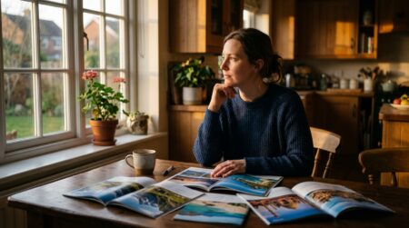 Femme pensive devant des brochures de voyage