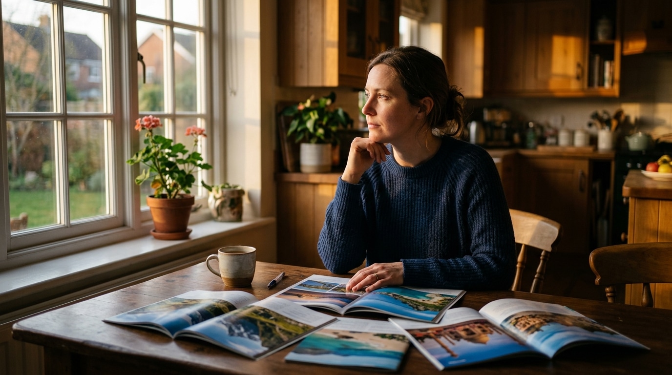 Femme pensive devant des brochures de voyage