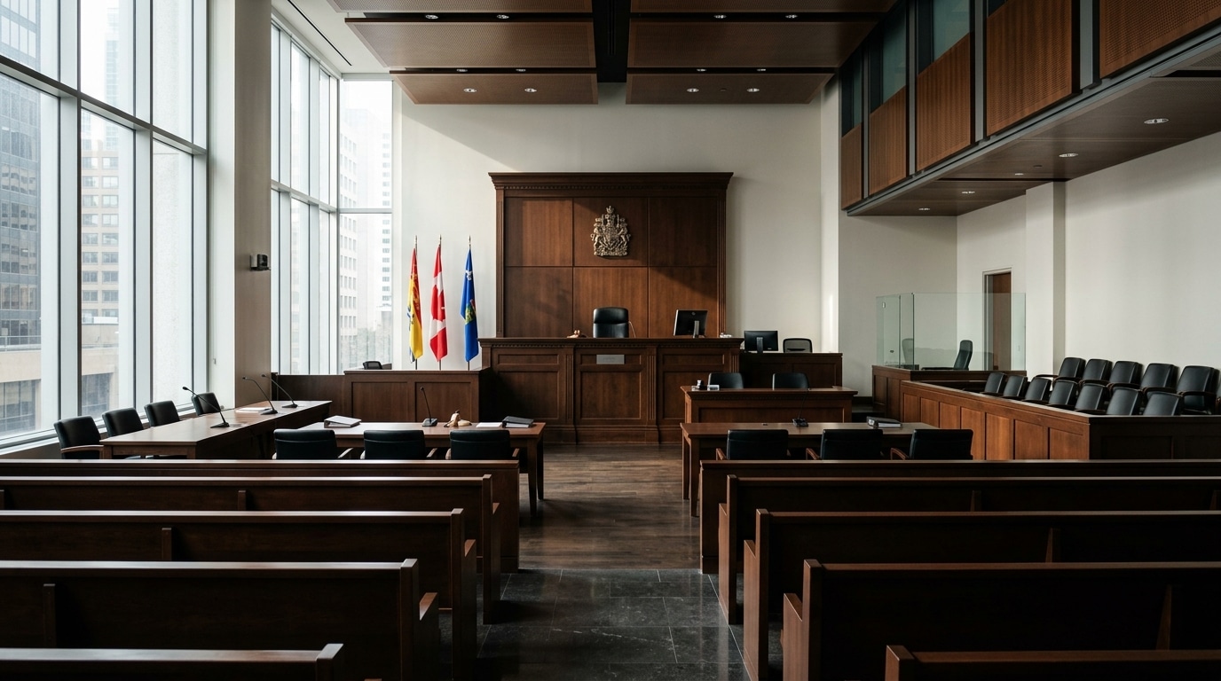 Salle de tribunal vide, lumière dramatique, ambiance judiciaire