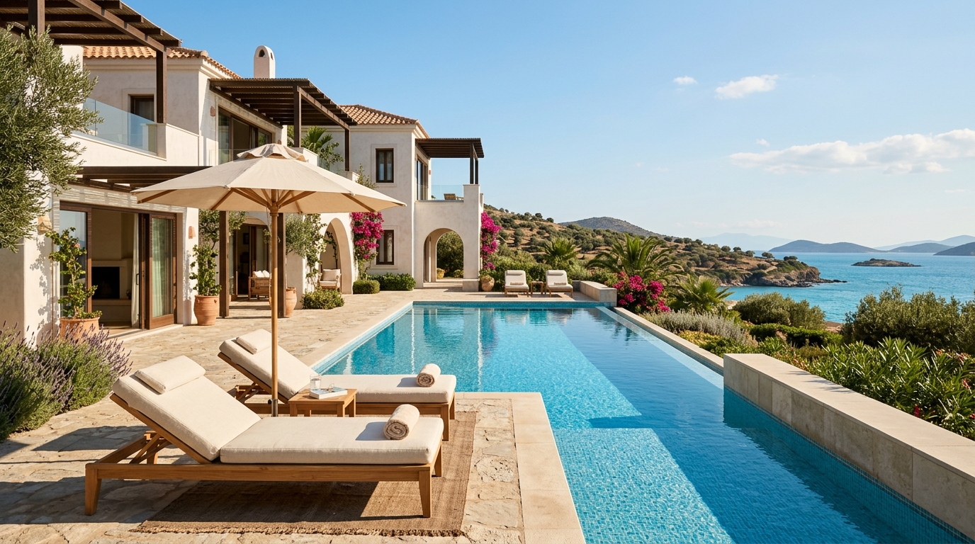 Villa grecque luxueuse avec piscine et terrasse ensoleillée