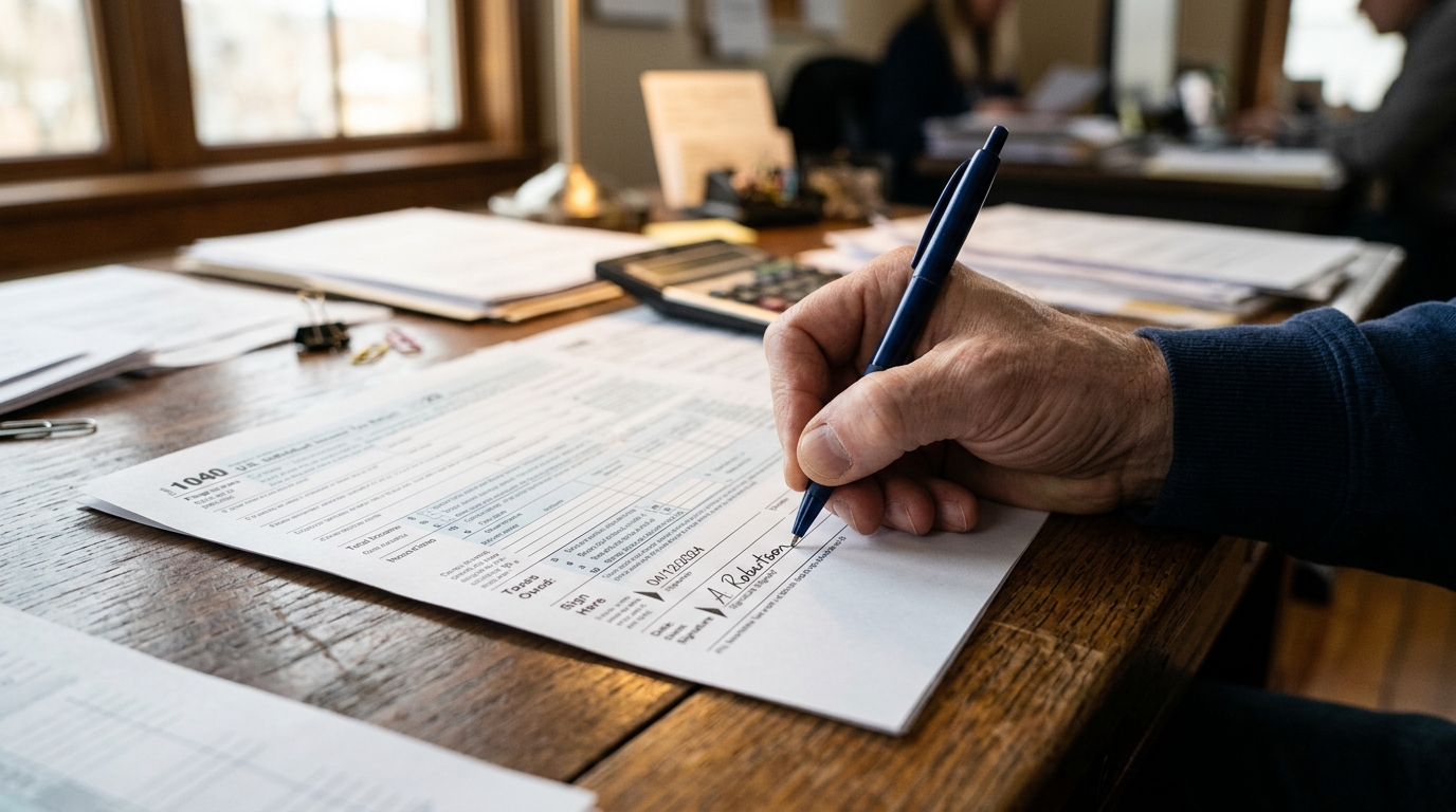 Main signant un document fiscal sur un bureau