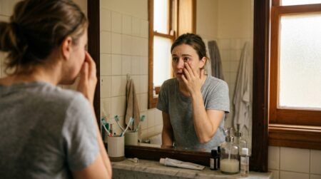 Femme inquiète se touchant l'œil devant un miroir