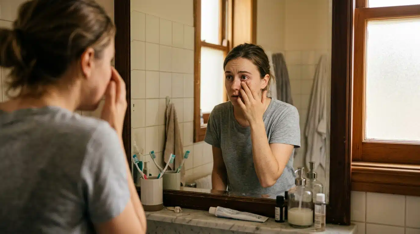 Femme inquiète se touchant l'œil devant un miroir