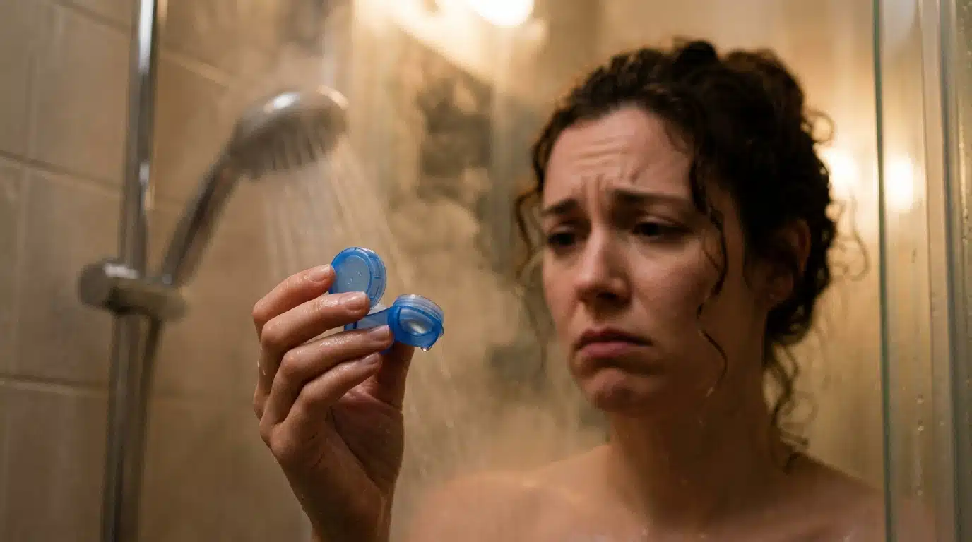 Main tenant un étui à lentilles près d'une douche