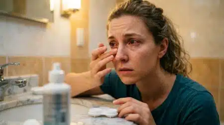 Femme avec un œil irrité près d'un lavabo