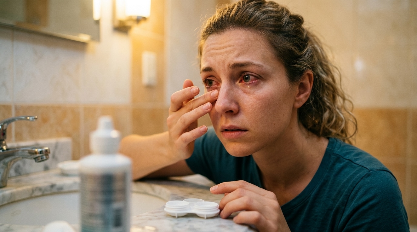 Femme avec un œil irrité près d'un lavabo