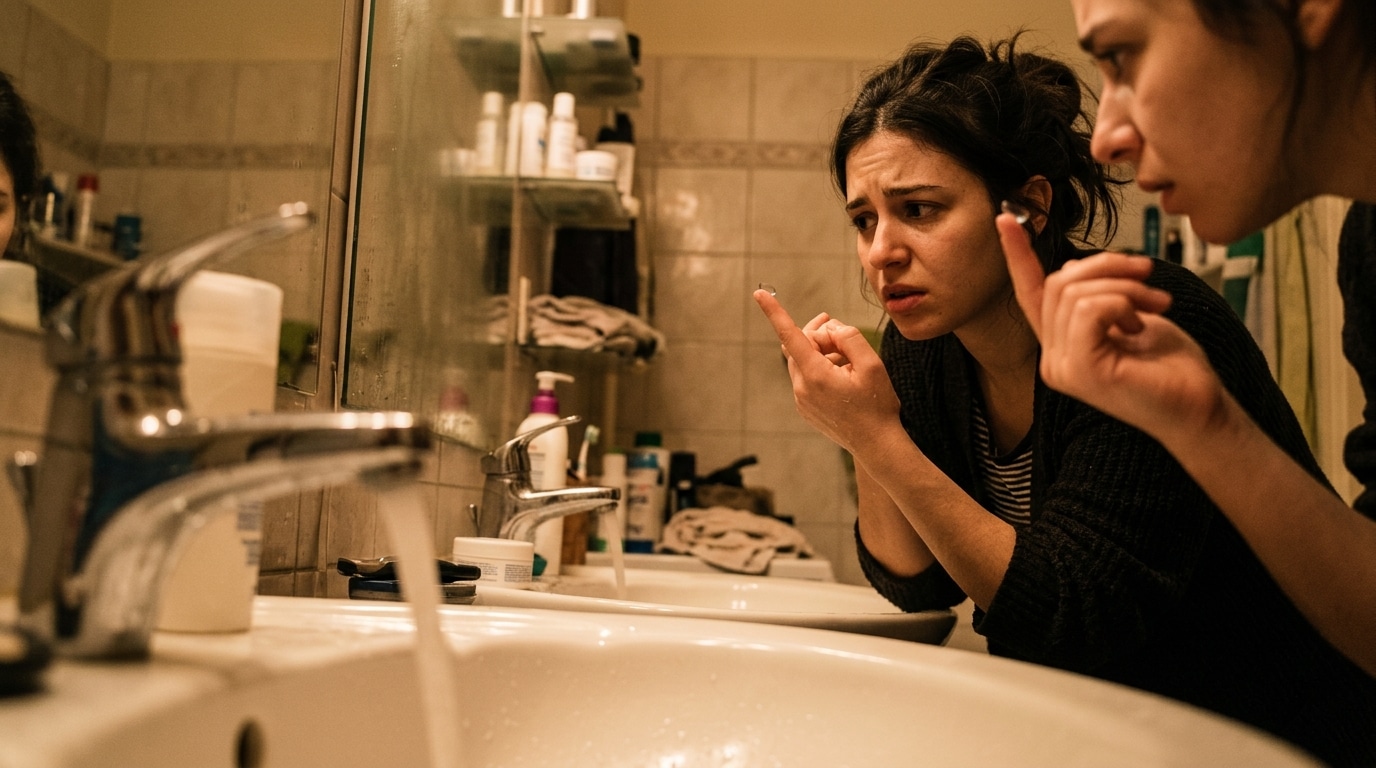 Femme inquiète devant un miroir de salle de bain