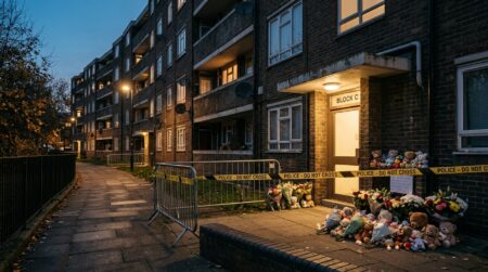 Immeuble résidentiel avec ruban de police et peluches déposées
