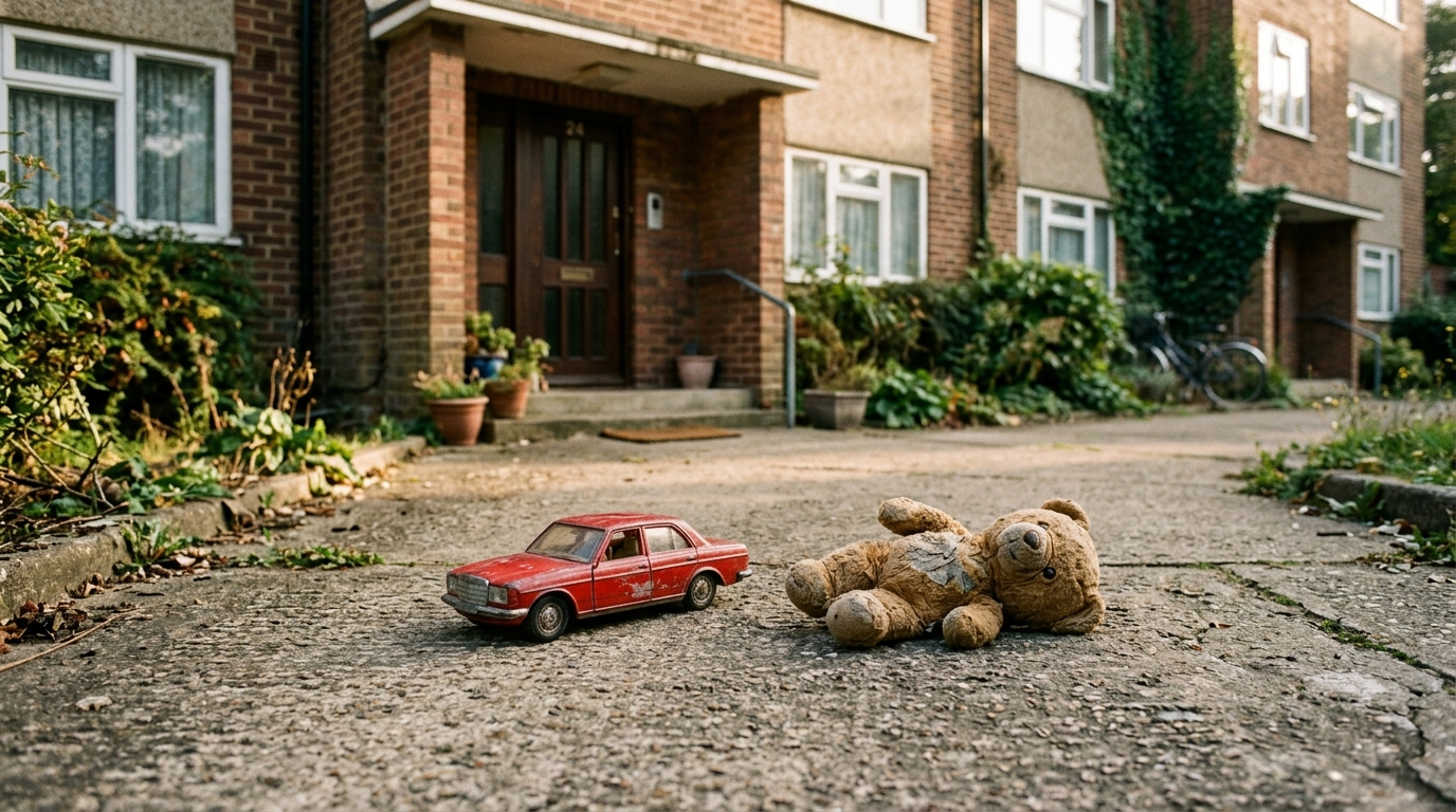 Petite voiture rouge jouet abandonnée sur une allée
