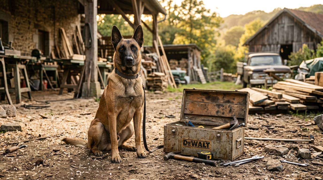 Chienne malinoise fidèle près d'une caisse à outils