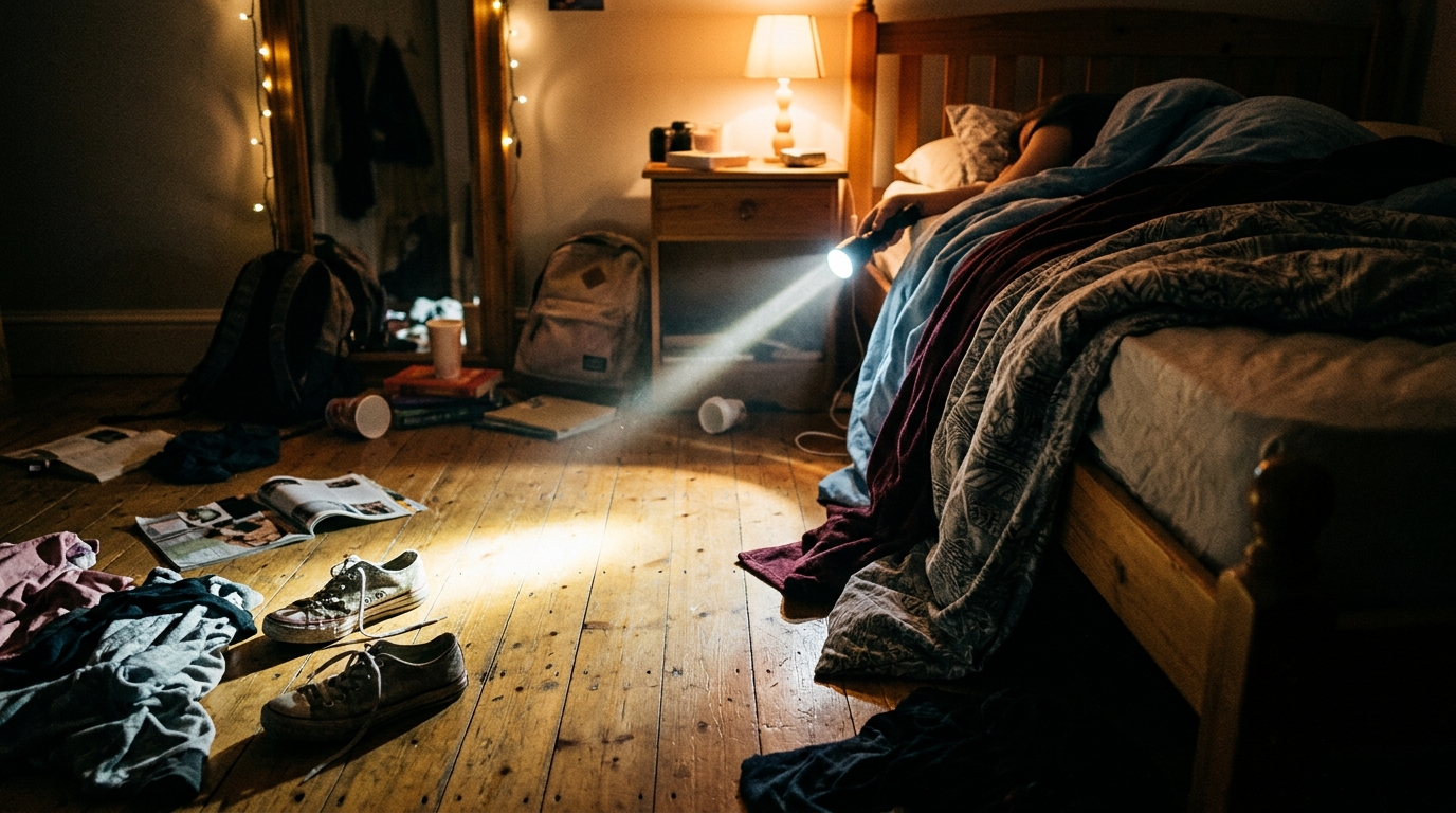 Chambre d'adolescente avec lit et lampe torche