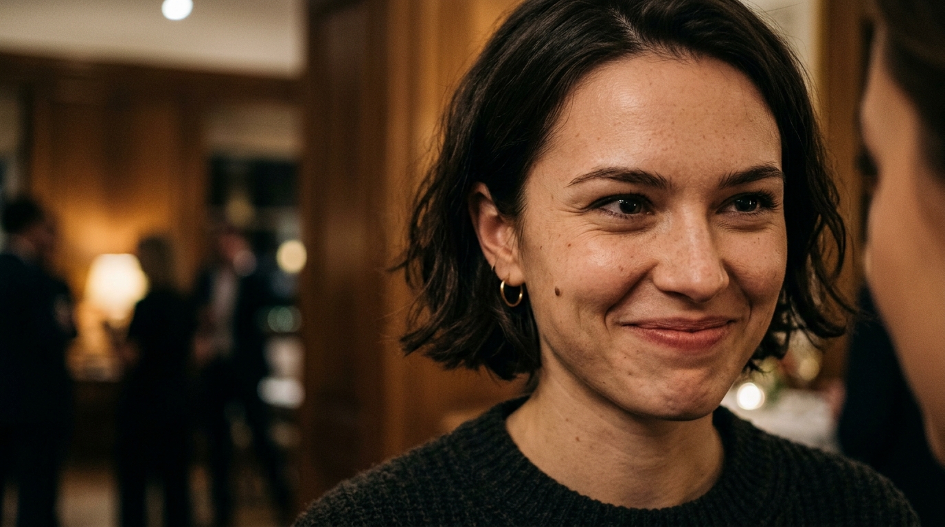 Jeune femme au sourire figé et regard trouble
