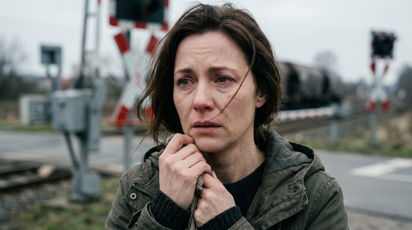 Femme anonyme au visage bouleversé près des rails