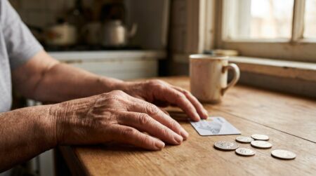 Mains d'une personne âgée près d'une carte bancaire sur une table