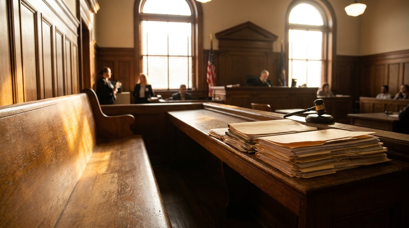 Banc des accusés vide dans une salle de tribunal