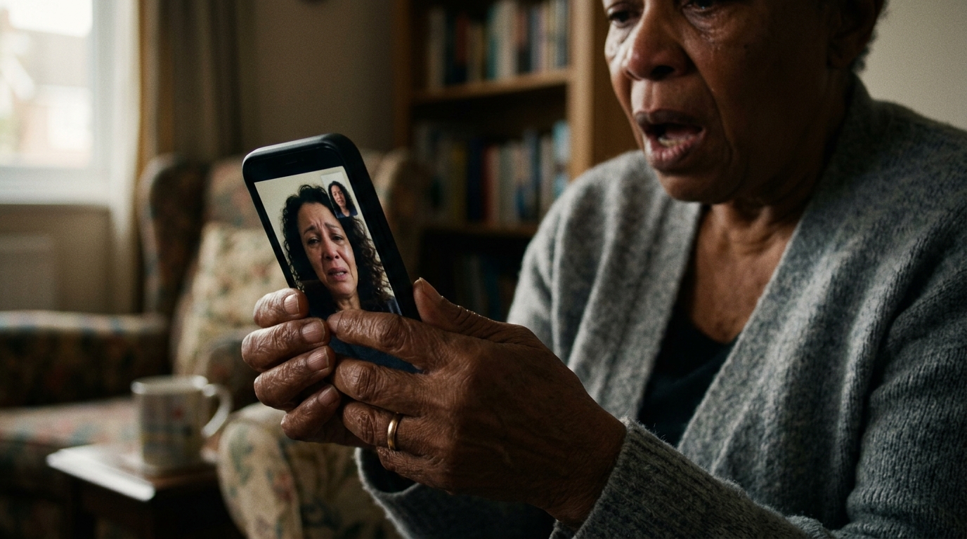 Femme âgée choquée tenant un smartphone lors d'un appel