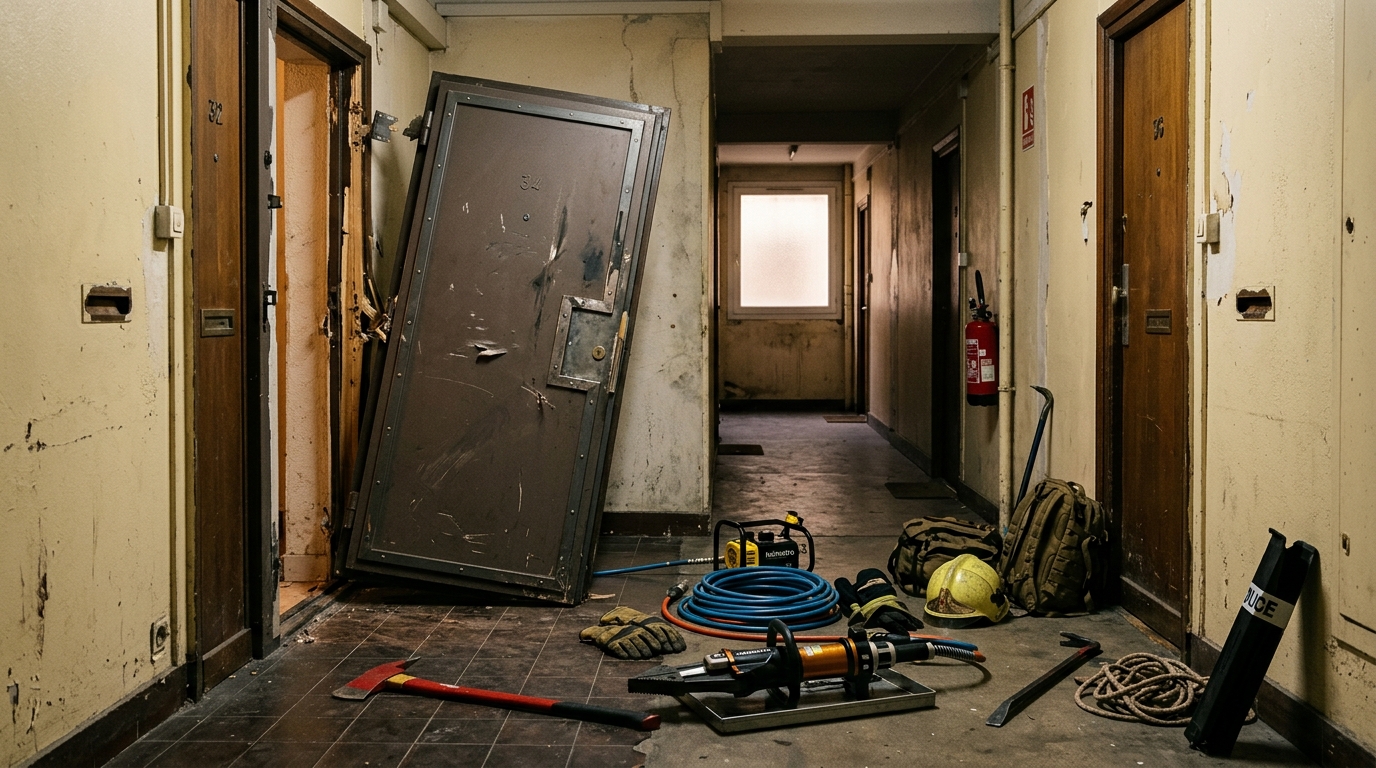 Porte blindée d'appartement dégondée par les secours