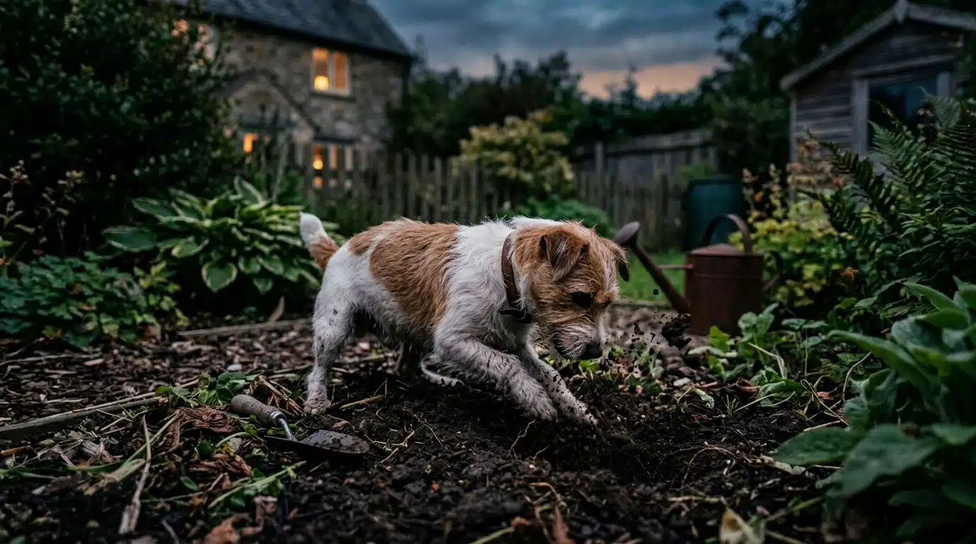 Chien creusant la terre dans un jardin au crépuscule