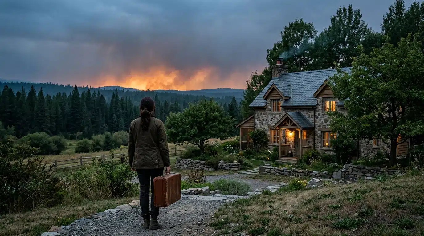 Maison de campagne quittée en urgence avec fumée d'incendie à l'horizon