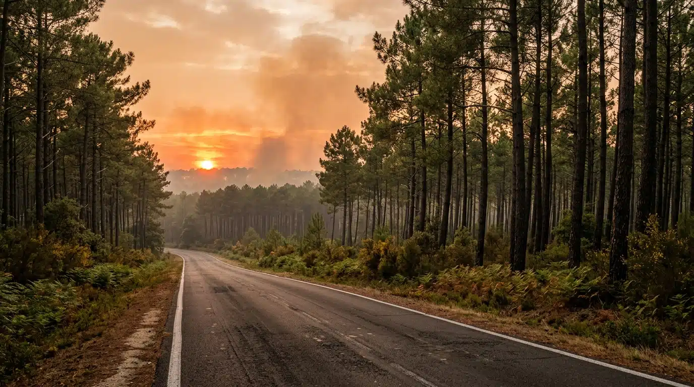 Forêt des Landes envahie par la fumée des feux