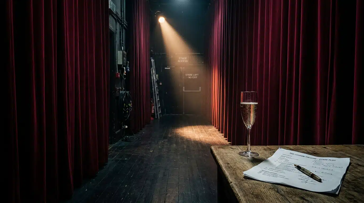 Coulisses de théâtre avec verre de champagne et document