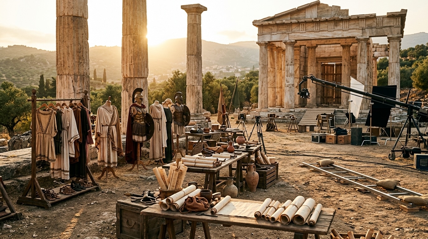 Plateau de tournage d'un film antique avec colonnes grecques et costumes d'époque