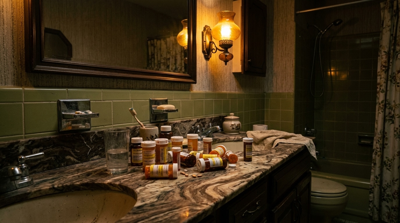 Salle de bain vintage des années 70 avec flacons de médicaments sur un comptoir en marbre, éclairage tamisé