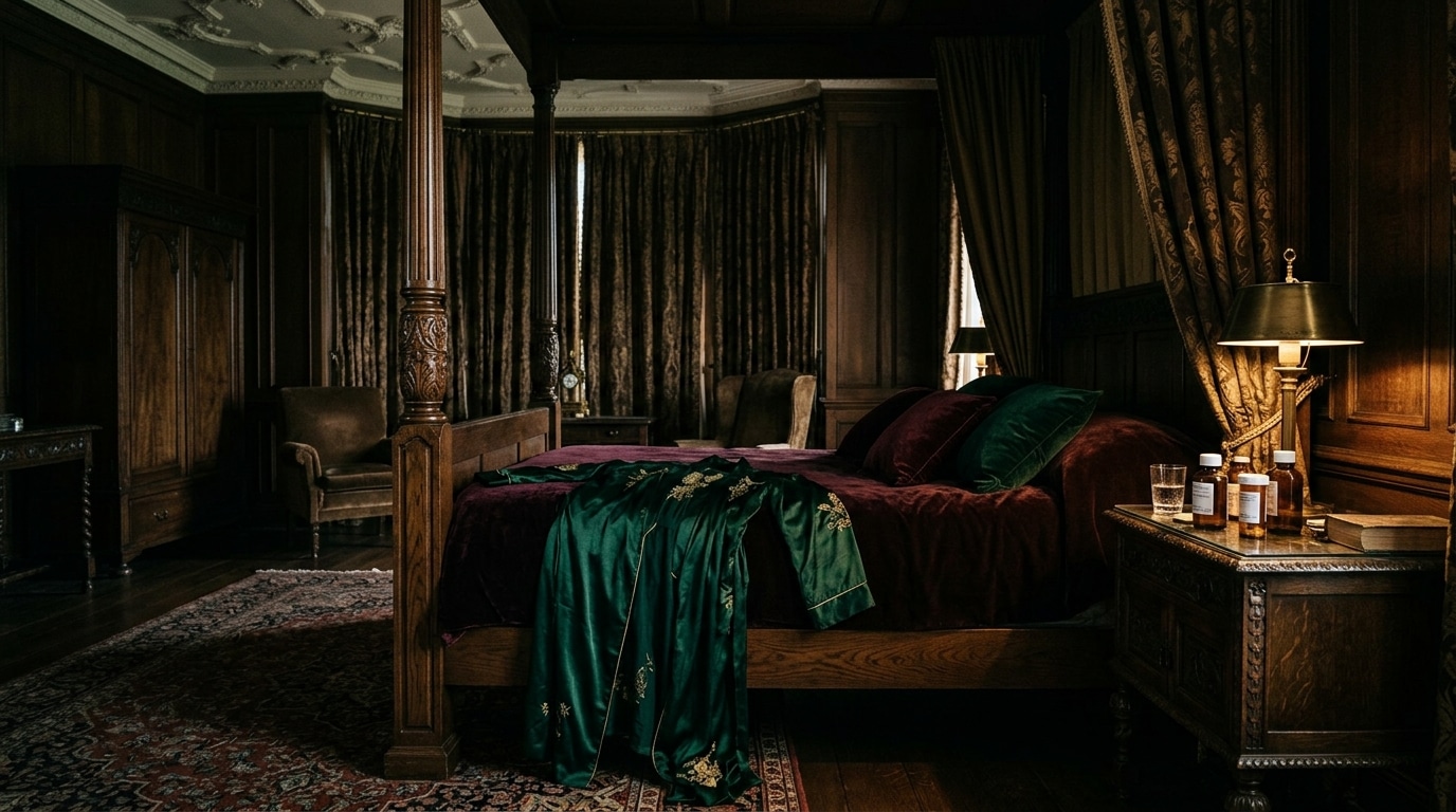 Chambre sombre de manoir avec flacons de médicaments sur table de nuit